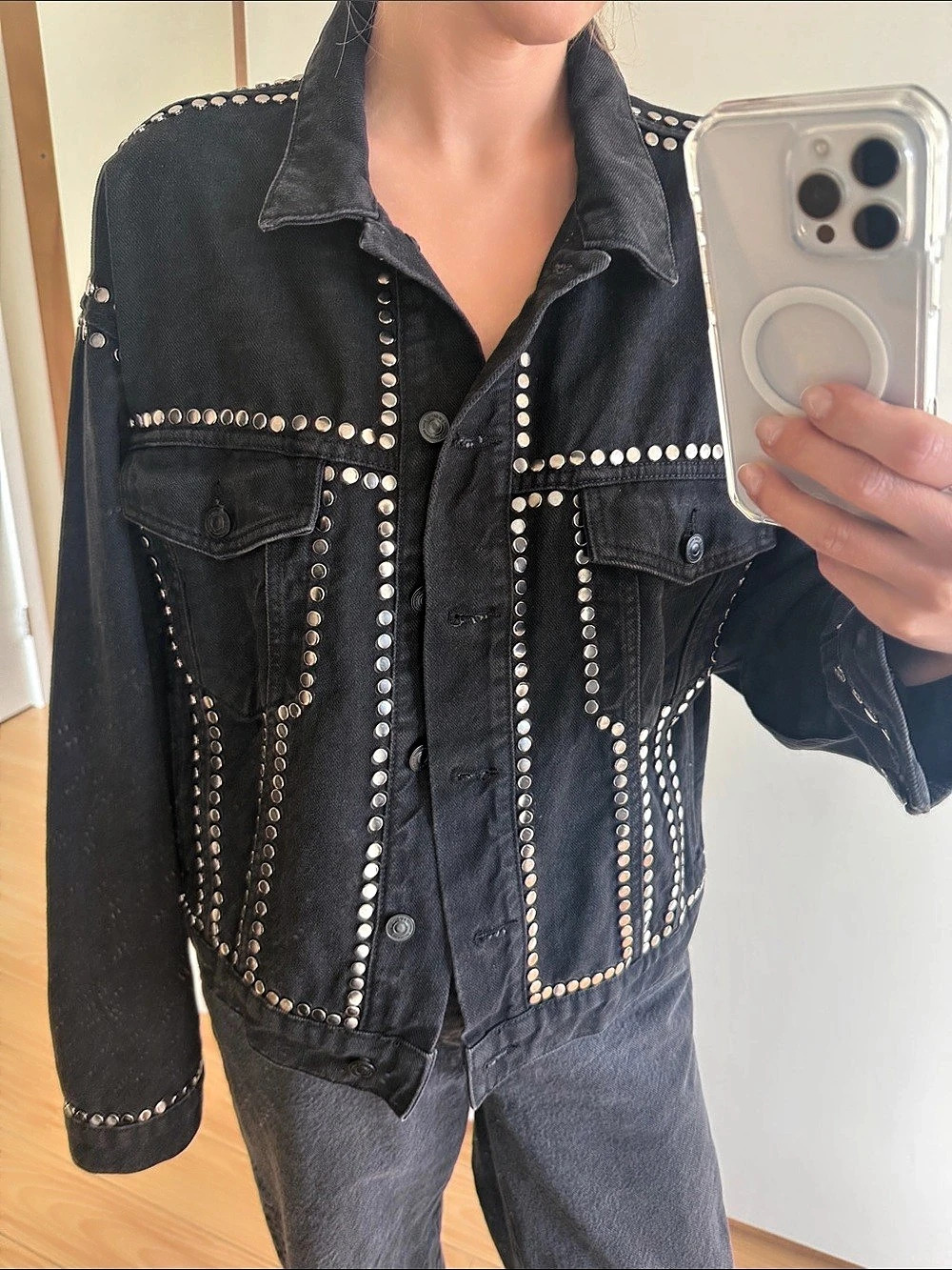 AllSaints Bella Studded Denim Jacket Studded Denim Jacket in Black Size XL Like